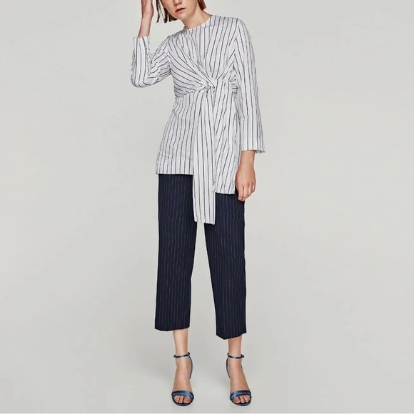 Zara Cotton Poplin Striped Bow Long Sleeve Tunic Top - Picture 4 of 15